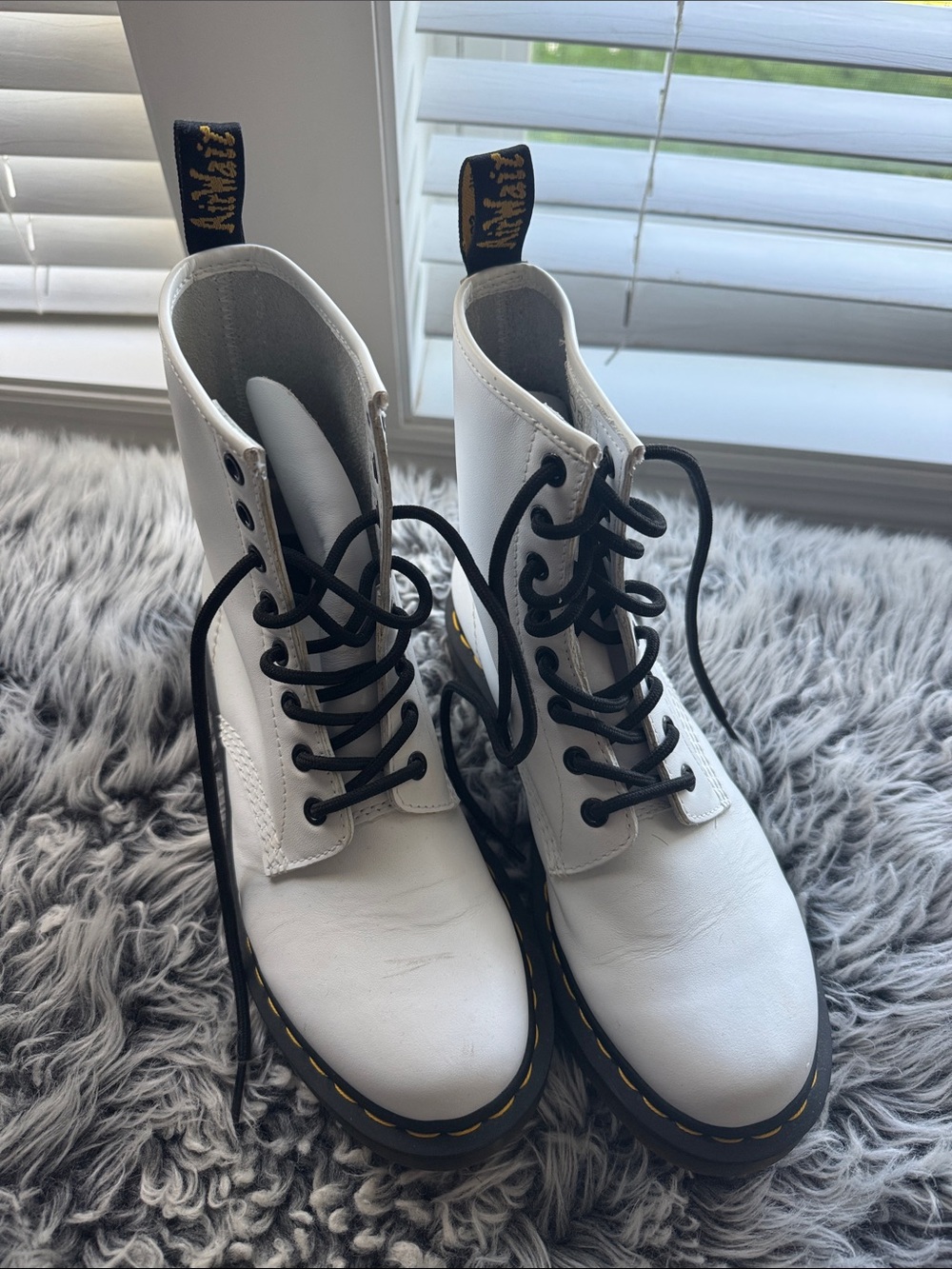 Dr. Martens White Leather Combat Boots with Black Laces